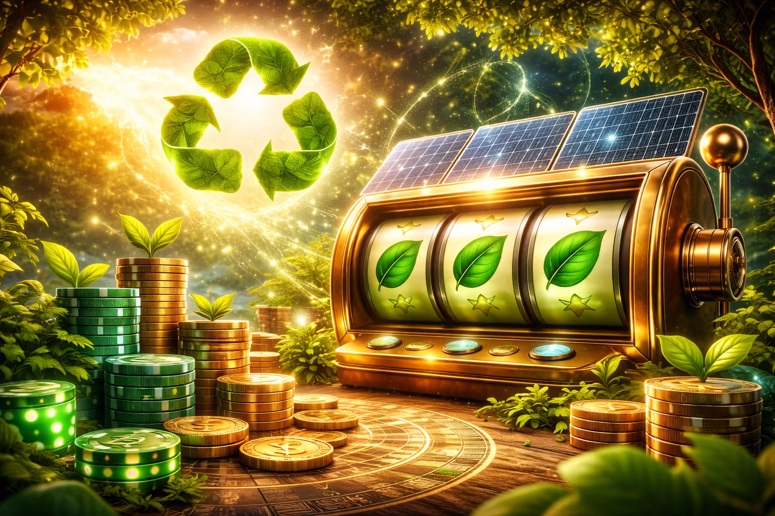 Ueppiger gruener Wald umgibt moderne umweltfreundliche Online-Casino-Oberflaeche